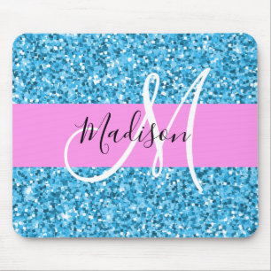 Glam Sky Blue Pink Glitter Sparkles Name Monogram Mouse Pad