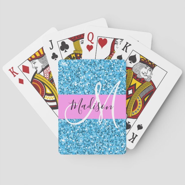 Glam Sky Blue Pink Glitter Sparkles Name Monogram Playing Cards (Back)