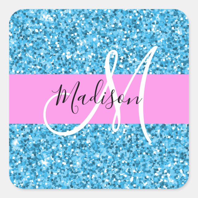 Glam Sky Blue Pink Glitter Sparkles Name Monogram Square Sticker (Front)