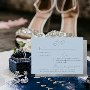 Glam Sky Blue Silver Text Wedding RSVP Card