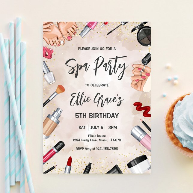 Glam Spa Makeup Blush Pink Gold Birthday Party Invitation (Creator Uploaded)
