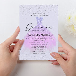Glam Sparkle Gold Lilac Princess Dress Quinceanera Invitation