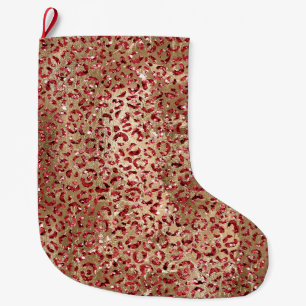 Glam Sparkle Red Glitter Gold Leopard Print Large Christmas Stocking