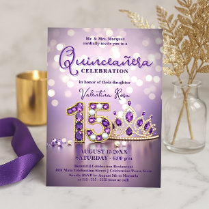 Glam Sparkling Blush Pink Purple Tiara Quinceañera Invitation