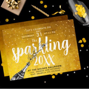 Glam Sparkling Champagne Gold New Year Party  Invi Invitation