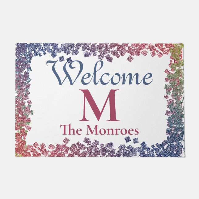 Glam Sparkling Gems Monogrammed Name Doormat (Front)