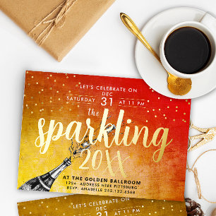 Glam Sparkly Gold Red New Year Calligraphy Invite