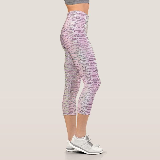 Glam Sparkly Pink Diamond Tiger Stripes Capri Leggings (Right)