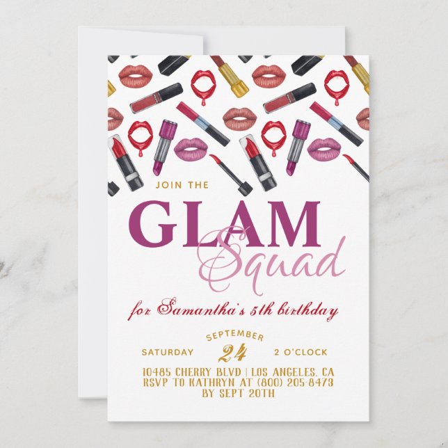 Glam Squad Makeup Birthday Invitation (Front)