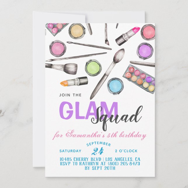 Glam Squad Makeup Birthday Invitation (Front)