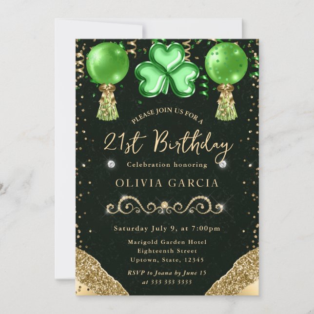 Glam St Patrick's Balloons 21st Birthday Invitation (Front)