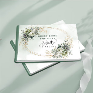 Glam Sweet 16 green and gold watercolor foliage Guest Book