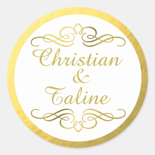 Glam Swirly Flourish Gold Foil Outline Wedding Classic Round Sticker (Front)