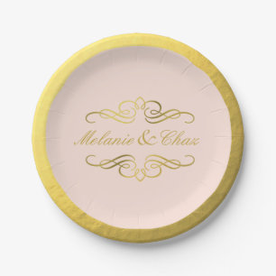 Glam Swirly Flourish Gold Foil Wedding blush pink Paper Plate