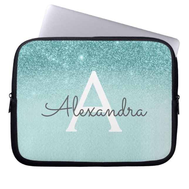 Glam Teal Aqua Blue Glitter and Sparkle Monogram Laptop Sleeve (Front)