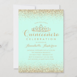 Glam Teal Aqua Quinceañera Gold Tiara Glitter Invitation