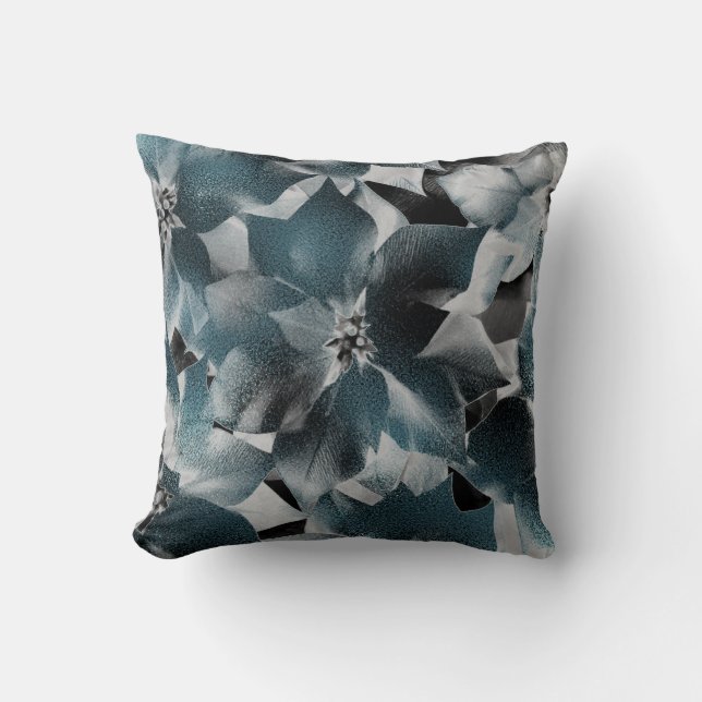 Glam Teal Aquatic Black Floral Grey Metallic Cushion (Front)