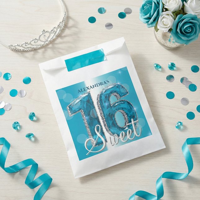 Glam Teal Blue Diamonds Sweet 16 Birthday Party Favour Bag (Creator Uploaded)