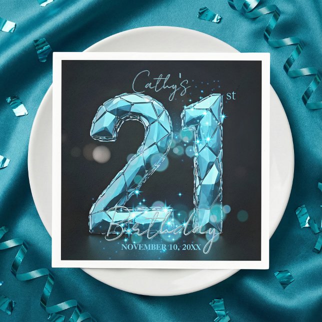 Glam Teal Blue Faceted Crystal 21st Birthday Party Napkin (Creator Uploaded)