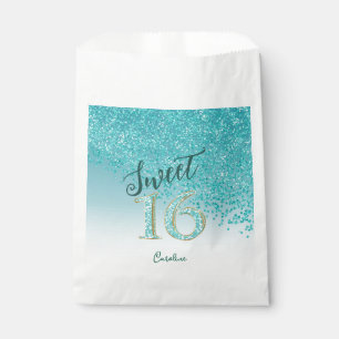 Glam Teal Blue Glitter Sweet 16 Birthday Favour Bag