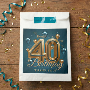 Glam Teal Blue Gold Balloons 40th Birthday Party Favour Bag