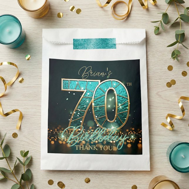 Glam Teal Gold Stained Glass Mosaic 70th Birthday Favour Bag (Creator Uploaded)