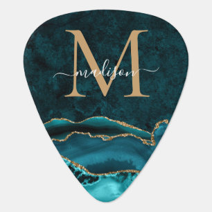 Glam Teal Green Gold Glitter Agate Geode Monogram Guitar Pick