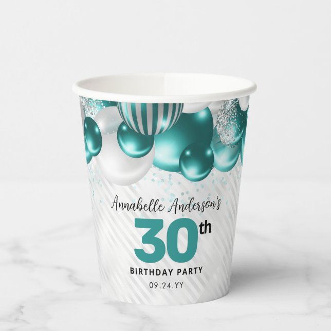 Glam Teal Green Silver Balloon Glitter Birthday Paper Cups (Left)