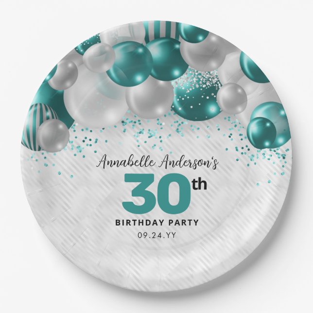 Glam Teal Green Silver Balloon Glitter Birthday Paper Plate (Front)
