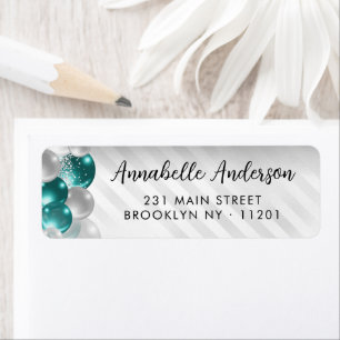 Glam Teal Green Silver Balloon Glitter Birthday  Return Address Label
