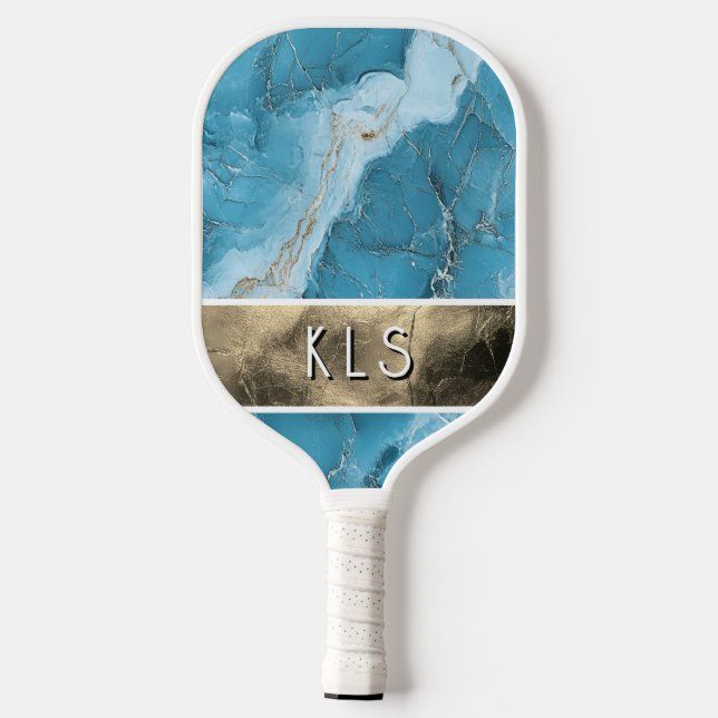 Glam Teal Marble Gold Foil Monogram Pickleball Paddle (Back)