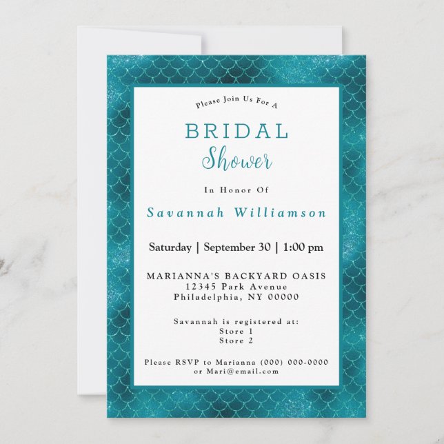 Glam Teal Mermaid Scales Bridal Shower Invitation (Front)