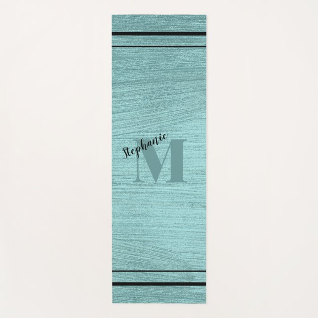 Glam Teal metallic, Black and Monogrammed elegant Yoga Mat (Front)
