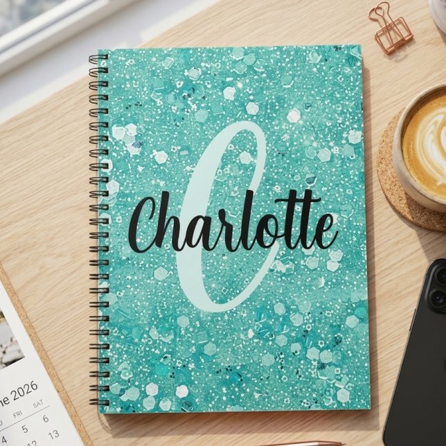 Glam Teal Mint Faux Glitter Sparkle Monogram Name Notebook (Creator Uploaded)