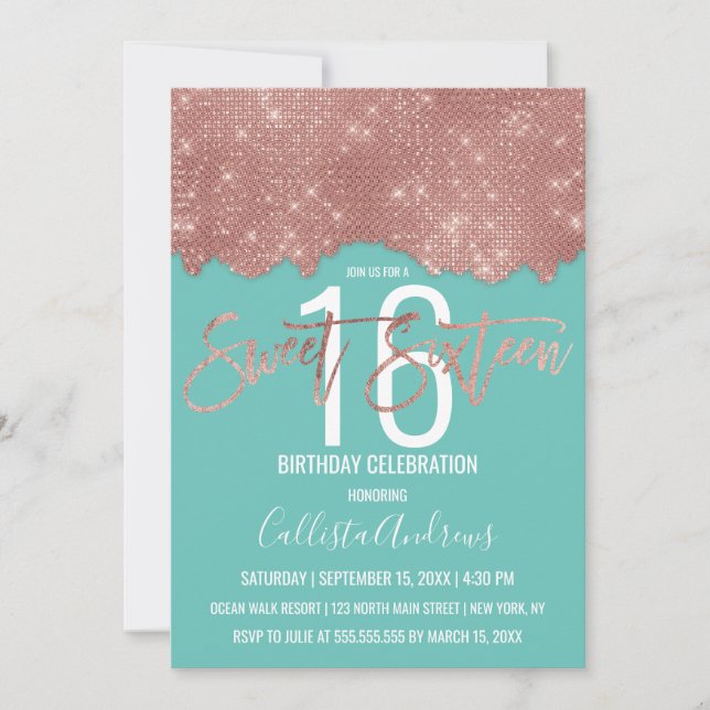 Glam Teal Rose Gold Glitter Colour Block Sweet 16 Invitation (Front)