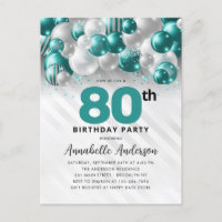 Glam Teal Silver Balloon Glitter 80th Birthday