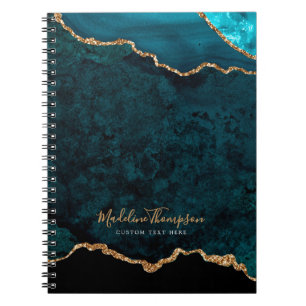 Glam Teal Velvet Agate Geode Gold Script Notebook