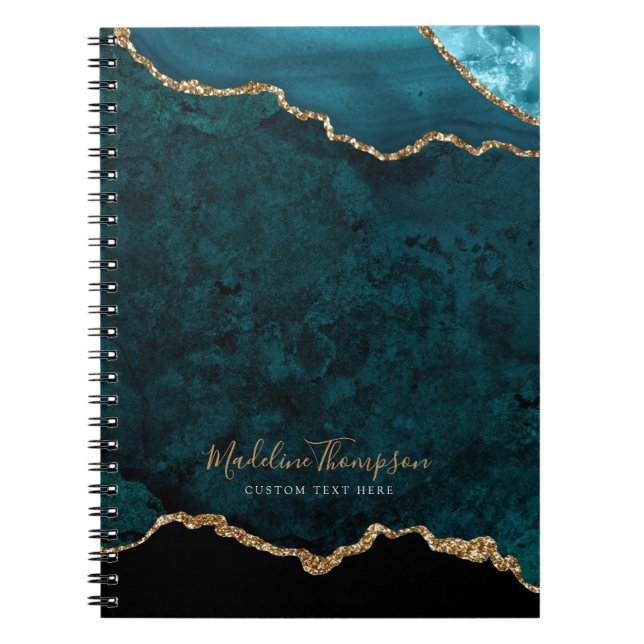 Glam Teal Velvet Agate Geode Gold Script Notebook (Front)
