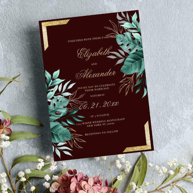 Glam tropical burgundy gold glitter floral wedding invitation (Glam tropical burgundy gold glitter floral wedding)