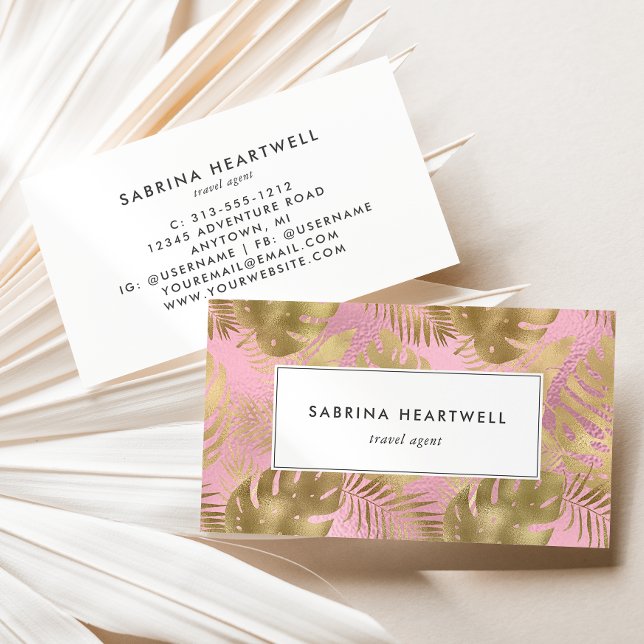 Glam Tropical Foliage Pink Gold Business Card (Creator Uploaded)