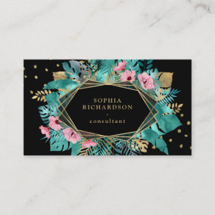 Glam Tropical Gold Leaves on Black Geometric Business Card