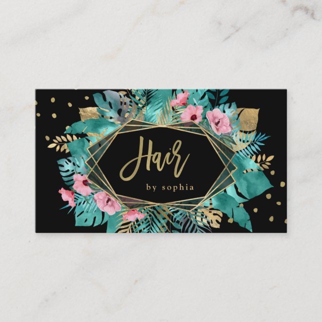 Glam Tropical Gold Leaves on Black | Hair Business Card (Front)