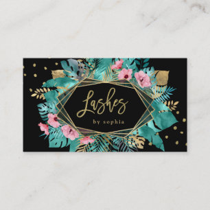 Glam Tropical Gold Leaves on Black   Lashes Business Card