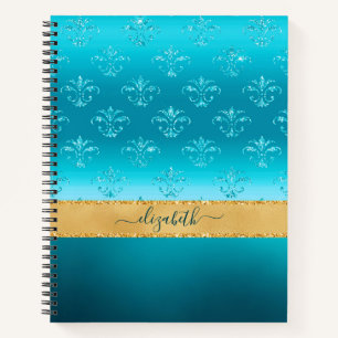 Glam Turquoise Gold Glitter Elegant Personalised Notebook