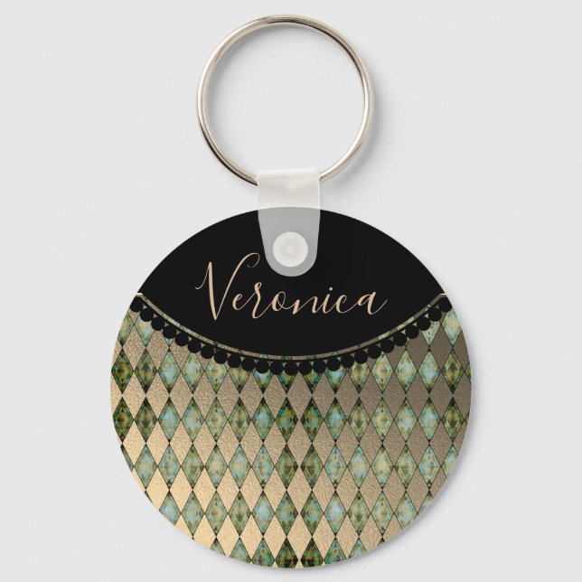 Glam Turquoise Harlequin Personalised  Keychain (Front)