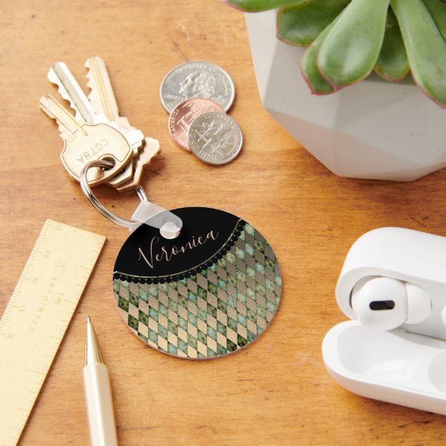 Glam Turquoise Harlequin Personalised  Keychain (Desk)