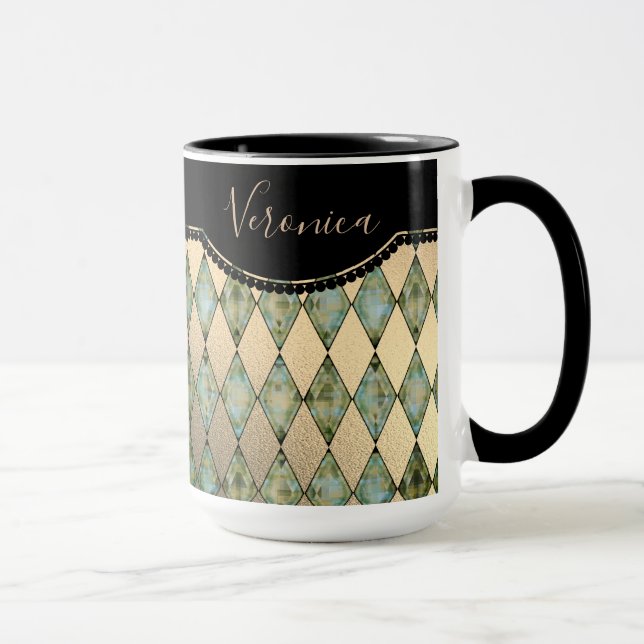 Glam Turquoise Harlequin Personalised  Mug (Right)
