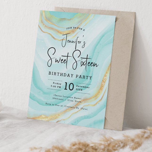 Glam Turquoise Marble Glitter Sweet 16 Party Invitation (Glam Turquoise Marble Glitter Sweet 16 Party Invitation)