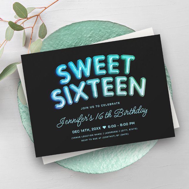 Glam Turquoise Teal Balloons Black Sweet 16   Invitation (Glam Turquoise Teal Balloons Black Sweet 16 Invitation)