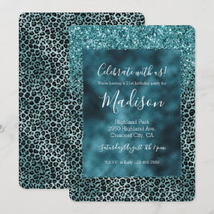 Glam Turquoise Teal Blue Leopard Glitter Birthday Invitation